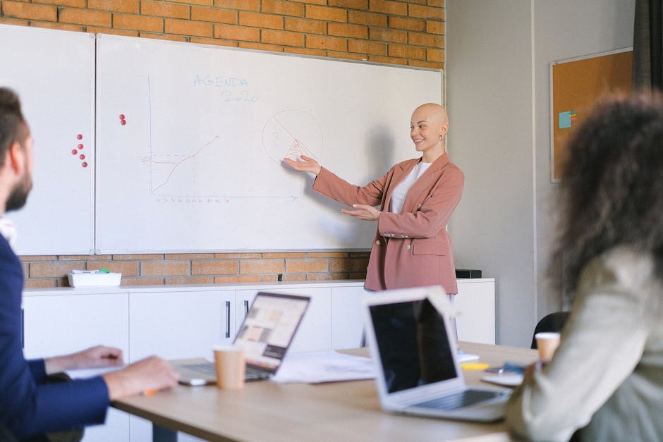 Confident businesswoman leading a presentation on business trends in a modern office.